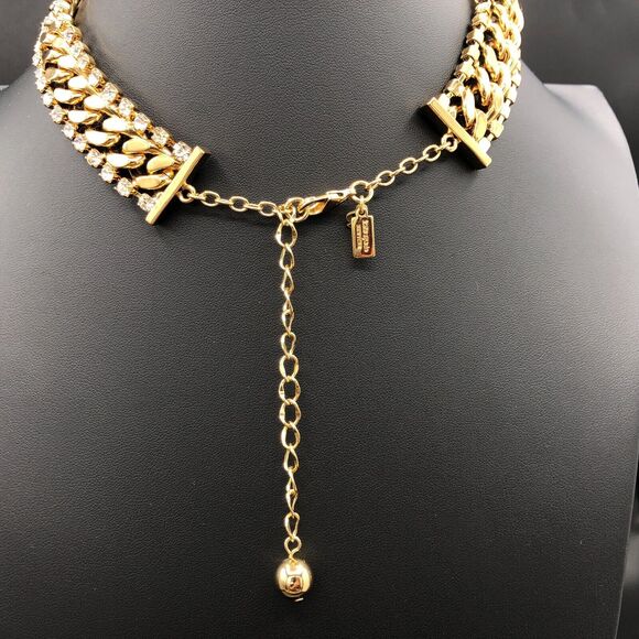 Kate Spade Necklace Chunky Gold Tone Chain Link Crystal Statement Collar w/Pouch - Picture 4 of 8